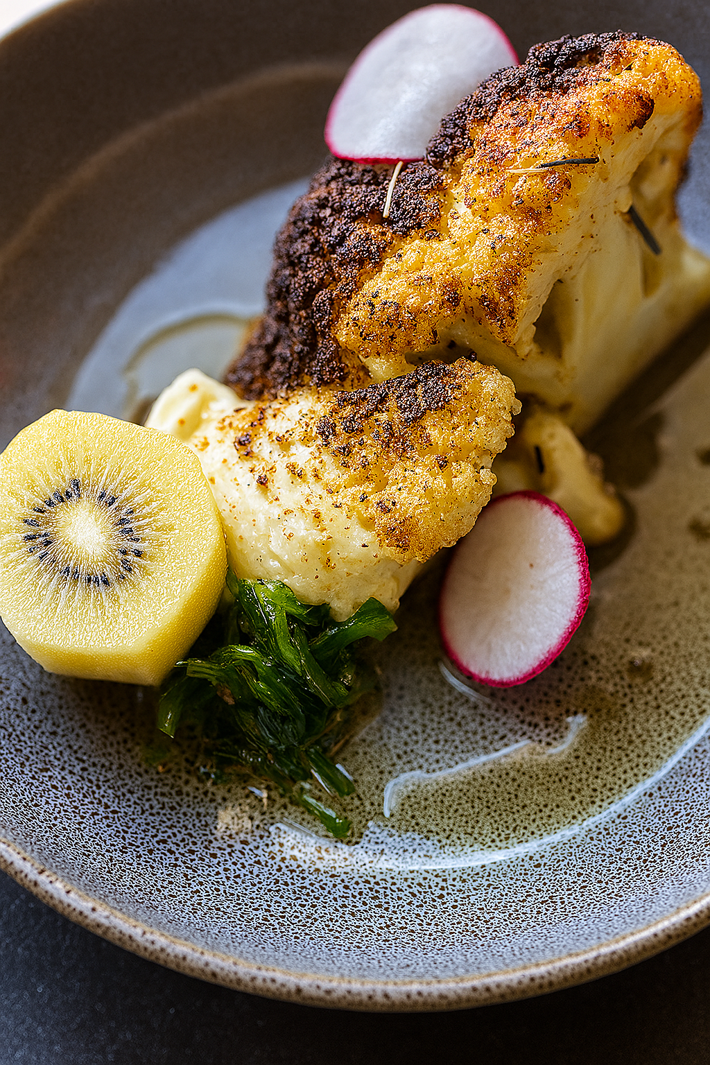 Sous-vide duck breast with spiced curry and pineapple sauce